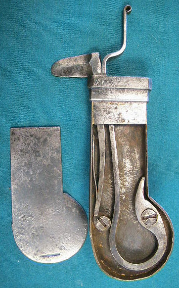 Iron-cased spring lancet.  German in origin c. 1725-1750.  Note the unusual bar release mechanism.  The case is inscribed  JPH. 