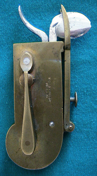 Brass veterinary spring lancet by FC Leypoldt of Philadelphia.  The item is in mint condition with the exception of the small chip in the blade.  The Leypoldt firm was one of the firms producing surgical instruments during the civil war producing from 1860-1896.  This piece probably dates from around 1860-1870.