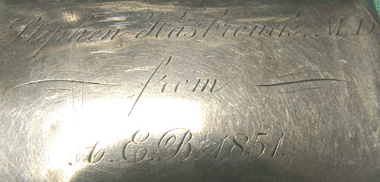 White metal lancet case inscribed Stephen Hasbrouck, M.D from HEB 1851.  The case contains 5 tortoise shell lancets, two marked wfrom the Evans firm, the other 2 from George Tiemann at their 63 Chatham address. The marks on the lancets all make them contemporary to the inscription on the case increasing the likelyhood that they are original to the set.  Entries from the family history indicates that he was born in Shawangunk NY in 1792 and died in New Jersey in 1881.  According to the same family history he was a protege of the Mayor of New York and held appoinments under two different administrations.  Research along these lines indicates that one of the administrations was that of Hiram Emit Barton this is very likely the HEB in the inscription. The following is a direct entry  from the History of the New York City Police Department.  The sanitary conditions of nearly all the station houses was defective in a marked degree, and but little attention was paid to the general health of the force. This naturally resulted in much unnecessary suffering and sickness among the members, and a consequent loss of time to the department. Under the old system station houses were rarely visited and inspected; cleanliness was not deemed a part of the discipline, and when sick at home, the men were not visited, except merely to ascertain whether the disability had been procured in the discharge of duty. This led, in 1855, to an alteration in the surgical bureau of the department. The new plan regarded the proper ventilation and cleanliness of the station houses and sleeping apartments; furnished at all times a sufficient supply of medicines, surgical instrument, tourniquets, etc., required immediate attention to be given to all invalid Policemen, whether becoming sick or disabled bin the discharge of duty or not, until entirely recovered and fir for duty. In order the better to carry out this system, the city was divided into seven surgical districts, and each district was placed under the charge of a competent practicing physician, who, under the law, had to be appointed a Policeman, and detailed for this duty, with a Surgeon-General as chief of the whole, to whom reports were made by the District Surgeons once every forty-eight hours. Critical physical examinations were made of every persons appointed by the Commissioners, not only by the District surgeon in the Ward to which said person might belong, but also by the Surgeon-General stationed permanently at the office of the Chief of Police. Stephen Hasbrouck, M. D., filled the post of Surgeon-General.